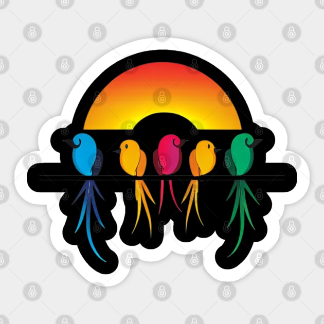 A design featuring a group of colorful birds perched on a wire, with a sunset or sunrise in the background. Sticker by maricetak